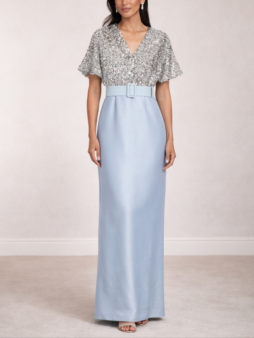 Sachin + Babi Silver Sequin Bodice and Light Blue Belted Gown